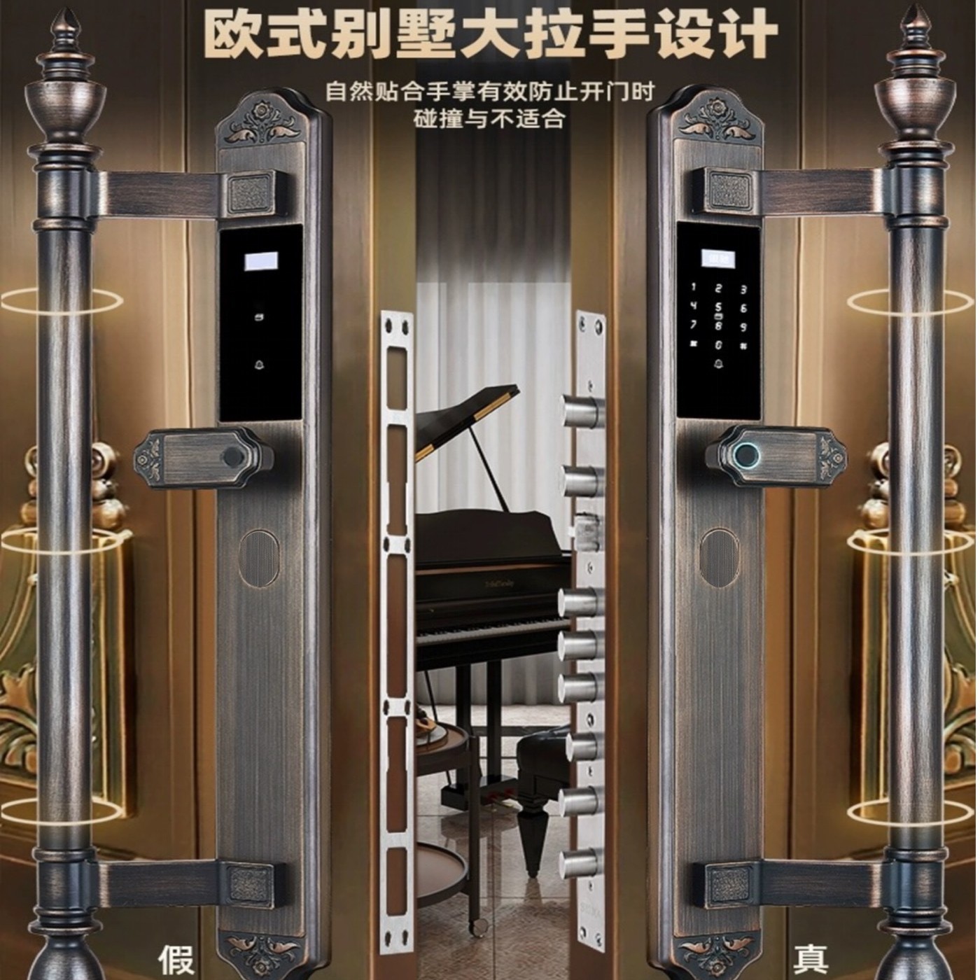 别墅大门防盗门家用指纹锁欧式复古双开门门锁大直管拉手智能密码