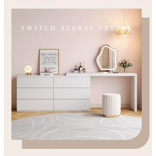 梳妆台卧室现代简约斗柜一体小户型收纳柜奶油风书桌可伸缩化妆桌