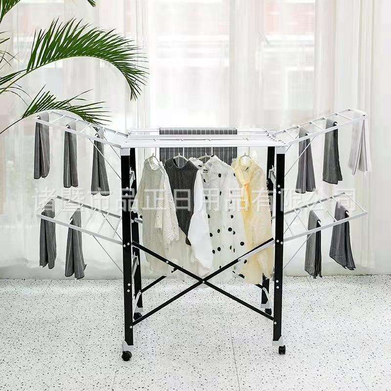 新款创意晾衣架折叠式晾衣架翼型落地带轮双层室内家用晾衣架