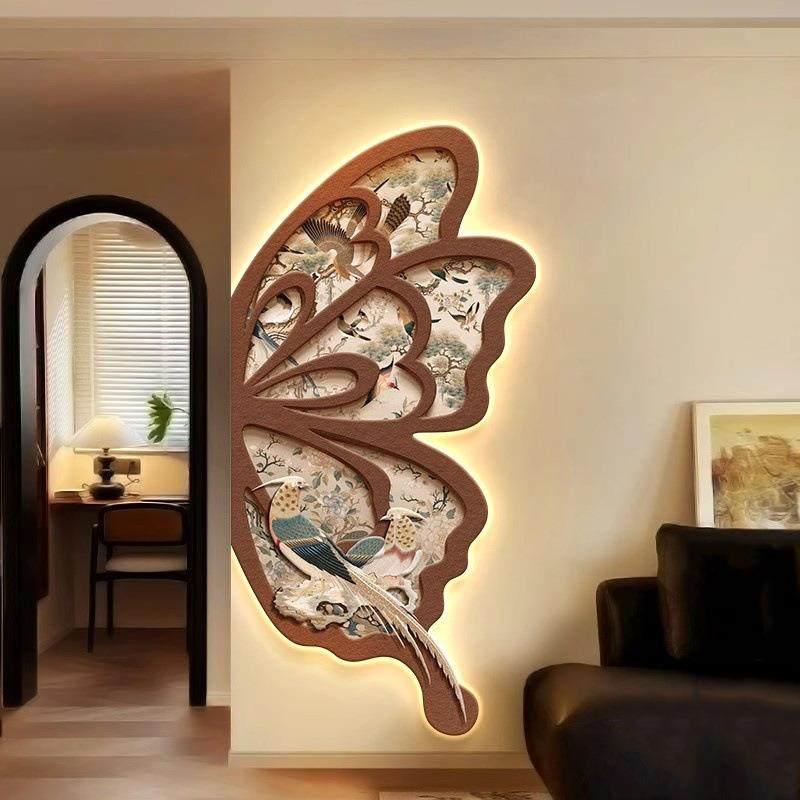 法式中古风玄关装饰画蝴蝶宋代美学壁灯客厅挂画复古入户走廊壁画