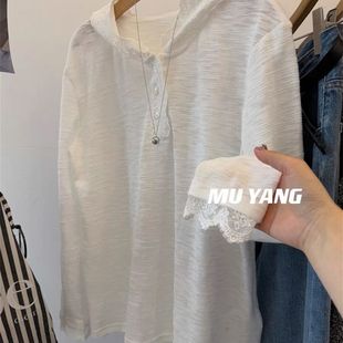 2025新款 T恤上衣显瘦女春秋 正肩蕾丝花边连帽衫 纽扣休闲针织长袖