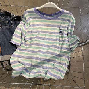 t恤女设计感小众宽松chic日系上衣 多巴胺穿搭条纹刺绣竹节棉短袖