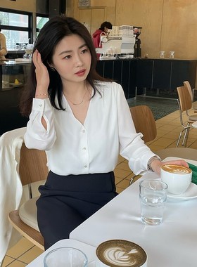 尔尔制145/155小个子白色/绿色通勤V领雪纺气质衬衫 白色双层微透