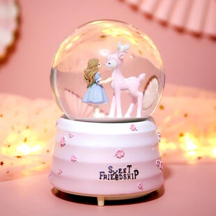新款粉红猫水晶球旋转飘雪花KK猫木马音乐盒摆件圣诞节生日礼物品