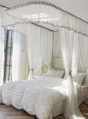 2021新品u型导轨日式拉绳蚊帐三开门家用白色加厚加密1.8m床1.5米