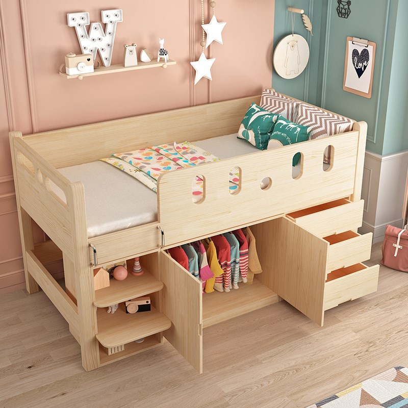 全实木儿童床半高床带衣柜多功能上床下桌女孩书桌柜组合床一体式