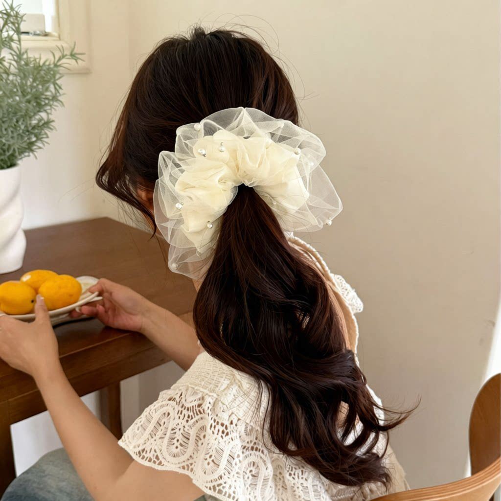 珍珠气质网纱头饰慵懒仙女文艺简约高级大肠圈头绳感大肠发圈韩国