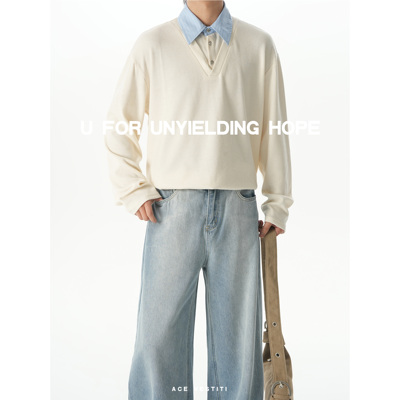 ACEVESTITI「日常」日系复古V领假两件卫衣男宽松百搭翻领男叠穿