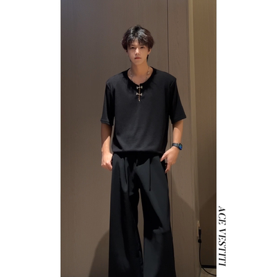 ACE VESTITI韩式简约坑条纹宽松垂坠感短袖上衣金属扣设计T恤