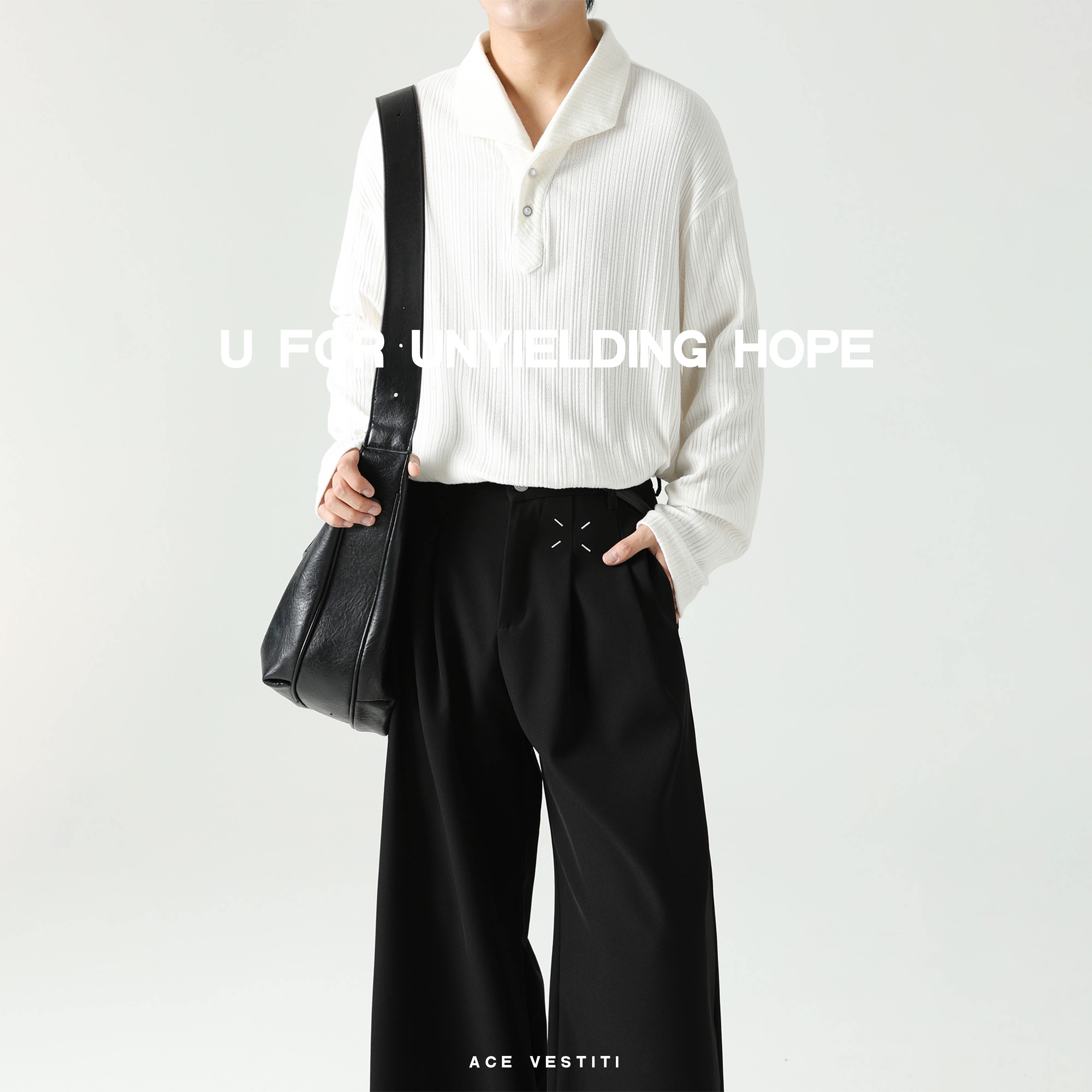 ACE VESTITI 肌理感竖条纹压针织衫女开襟意式一片领长袖男polo衫