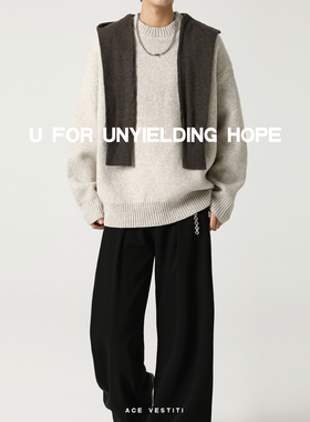 ACE VESTITI 假两件撞色披肩圆领套头毛衣男秋冬纯色宽松针织衫