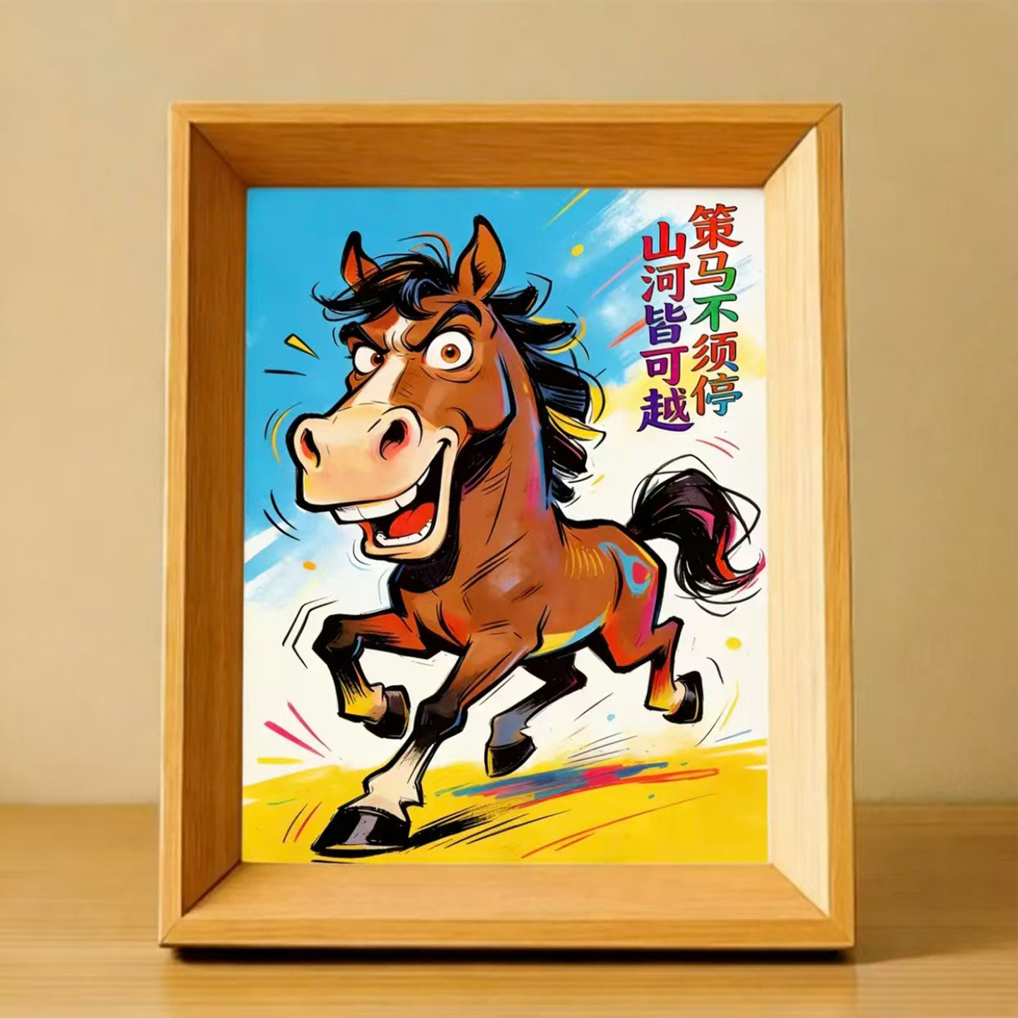 2026马年卡通手绘画相框策马不需停山河皆可越办公室桌面装饰摆件