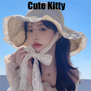 CuteKitty系带镂空草编帽女夏出游防晒