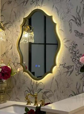 法式椭圆木质发光带灯LEDv智能触控洗手台卫生间壁挂补光椭圆镜子