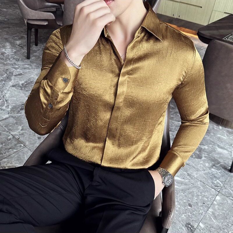 高级感金色亮面衬衫男长袖商务暗扣免烫正装痞帅潮流主.持人花衬