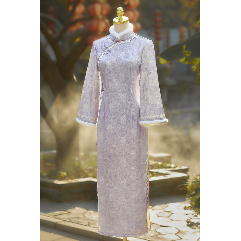 秋冬紫色旗袍女中年加绒加厚长袖