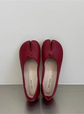红色包鞋女平底2023年秋v季新款浅口猪蹄分趾一脚蹬软底奶奶豆豆
