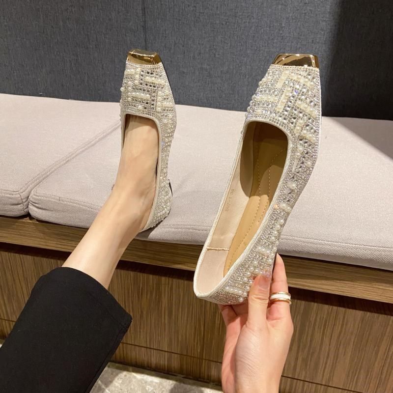 平底满钻单鞋女2024新款春秋温柔D鞋子方头珍珠水钻浅口软底豆豆,女鞋,浅口单鞋,淘宝优惠券,粉丝福利购,淘宝优惠卷