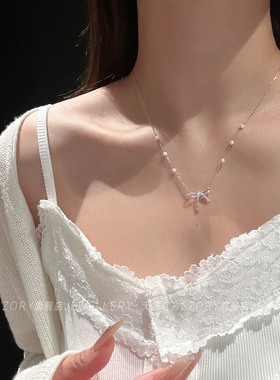 官方纯银蝴蝶结珍珠项链女轻奢