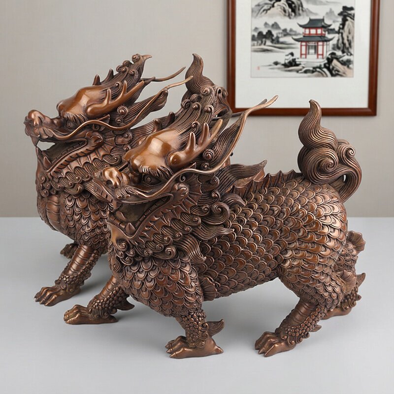 天匠工坊紫铜麒麟一对乔迁摆件