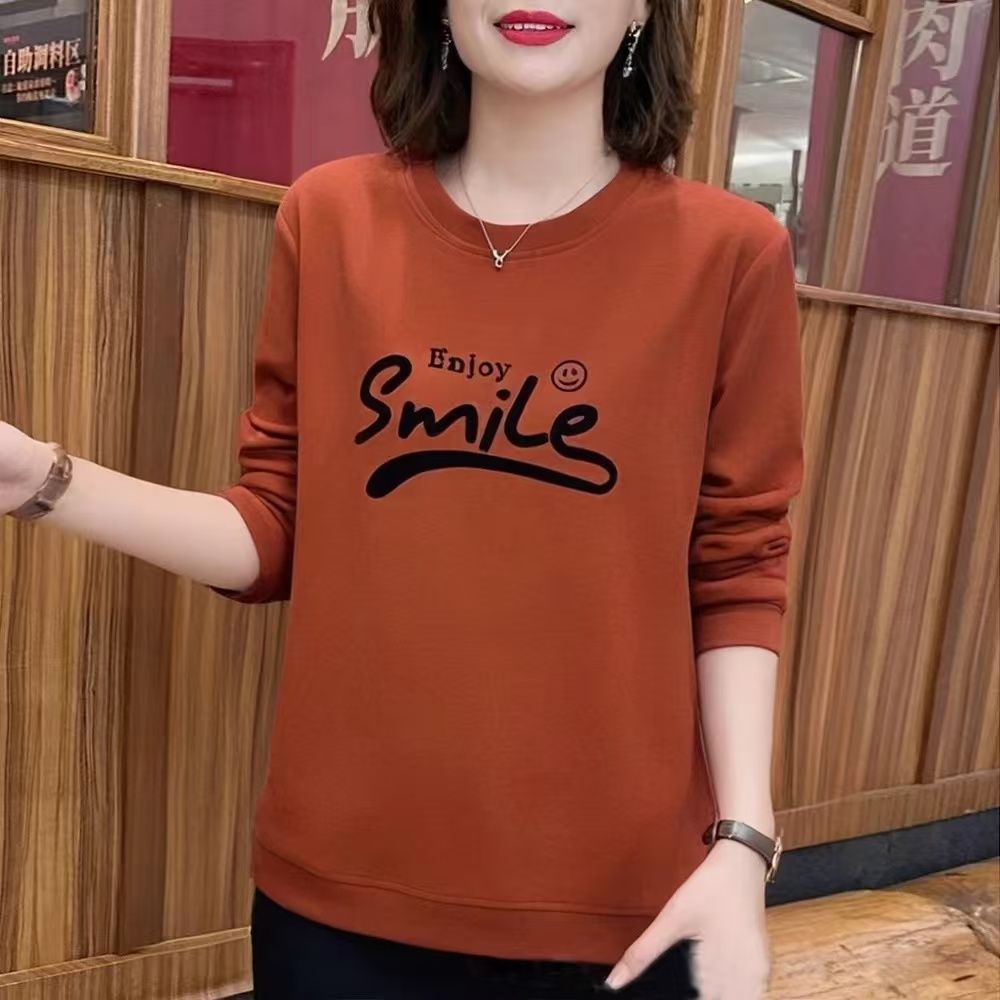 螺纹德绒t恤女春秋小衫女时尚宽松减龄妈妈装卫衣长袖打底衫上衣