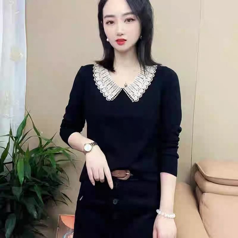 新款秋季时尚气质蕾丝花边领长袖t恤女修身显瘦洋气百搭打底上衣