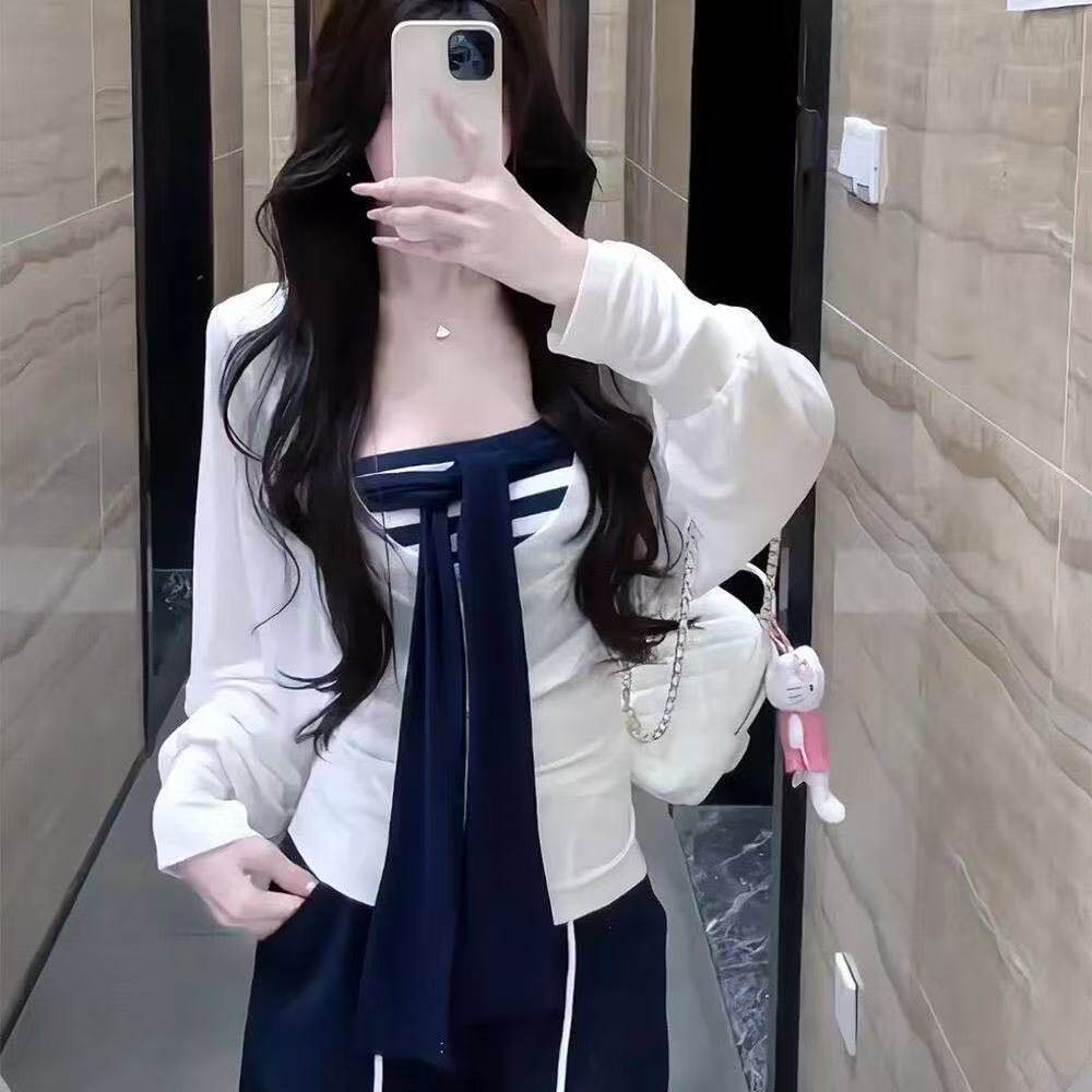 早秋韩系2026小个子纯欲风蝴蝶结抹胸搭配长袖罩衫时尚女式套装
