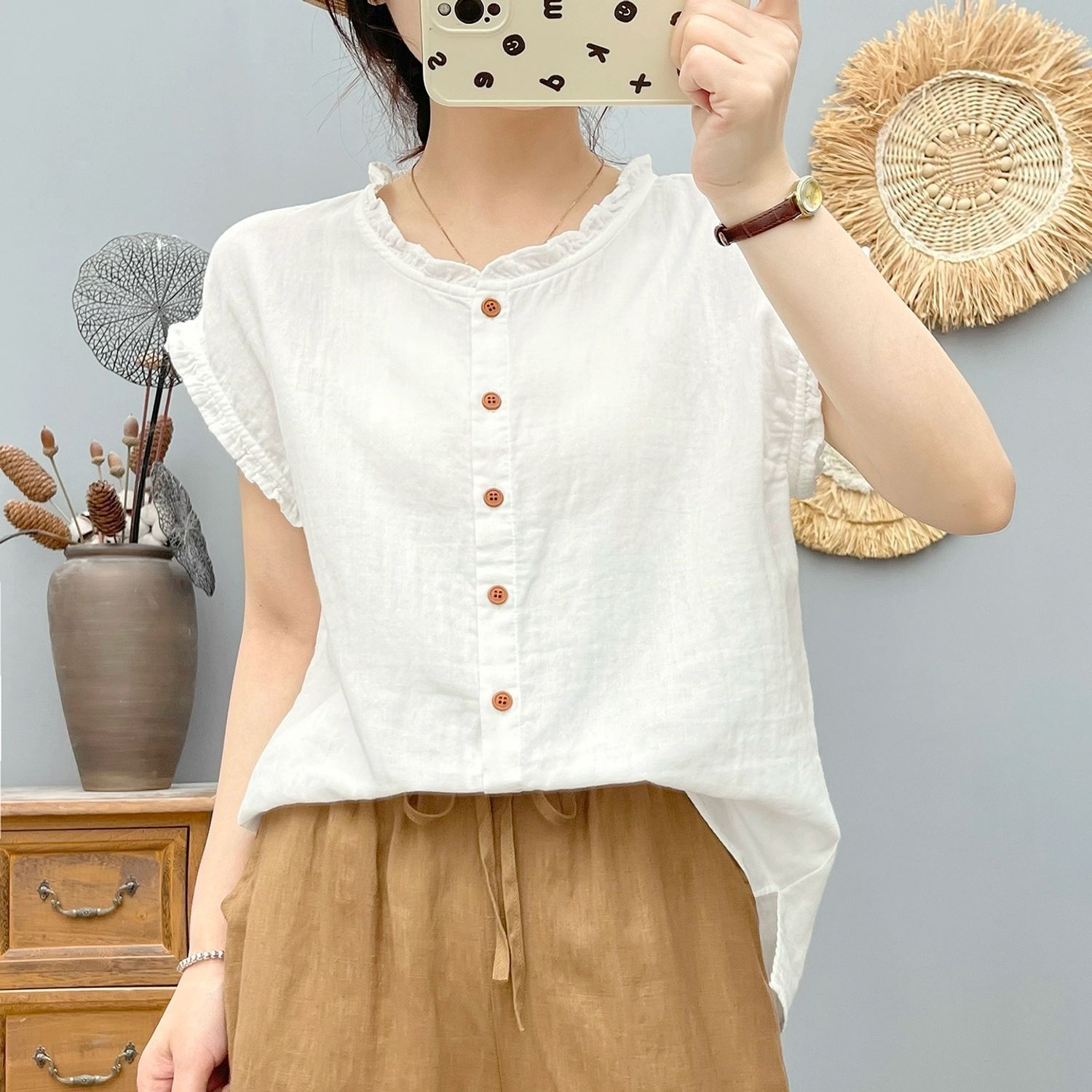 棉麻木耳边无袖衬衫女夏季文艺设计感宽松休闲亚麻胖妹妹棉麻上衣