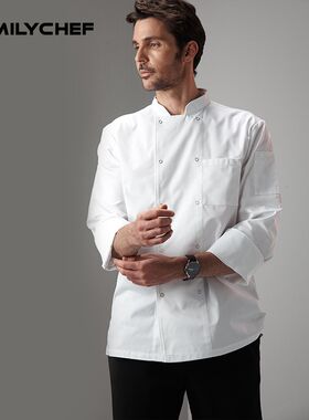 酒店后厨师服长袖七分袖男女秋冬装涤F棉工作服白色双排扣餐厅工
