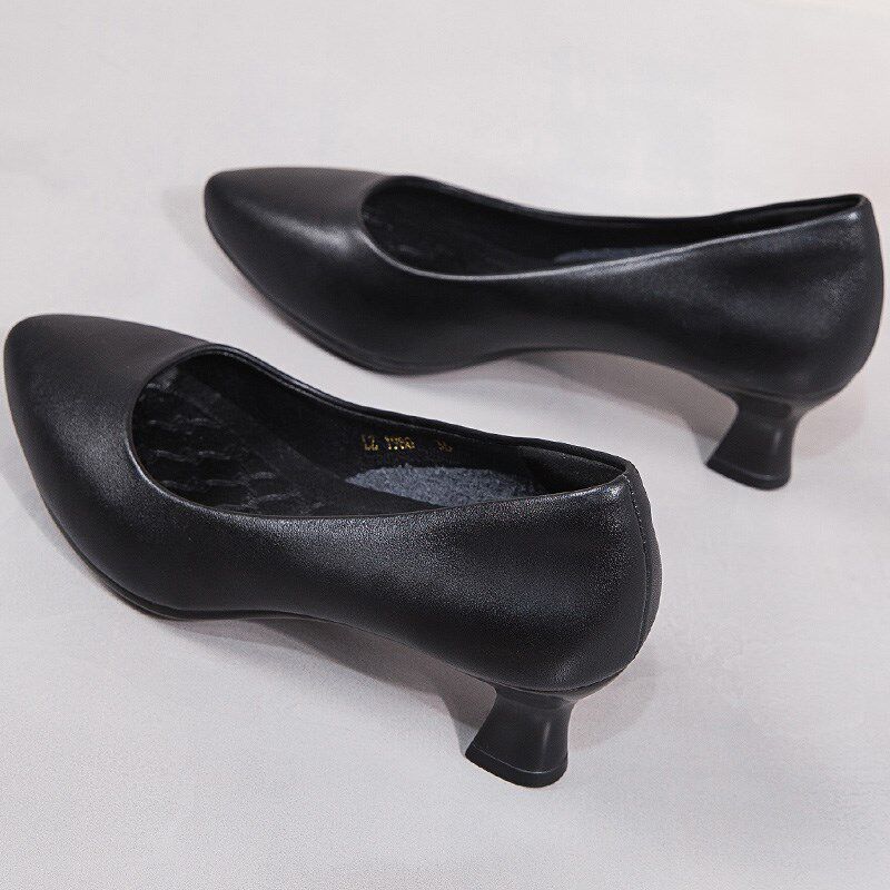 春季通勤职业高跟鞋女黑色单鞋中B粗跟皮鞋尖头工作鞋正装空乘女