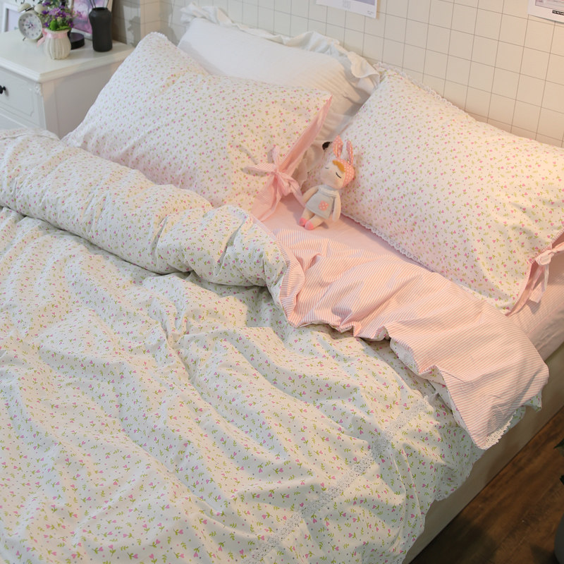 韩式小清新田h园小花边床上用品全棉小碎花床单被套床上四件套,床上用品,床品套件/四件套/多件套,淘宝优惠券,粉丝福利购,淘宝优惠卷
