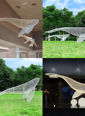 不锈钢镂空鲸鱼雕塑发光海豚w网格编织售楼部酒店大厅展厅悬挂装