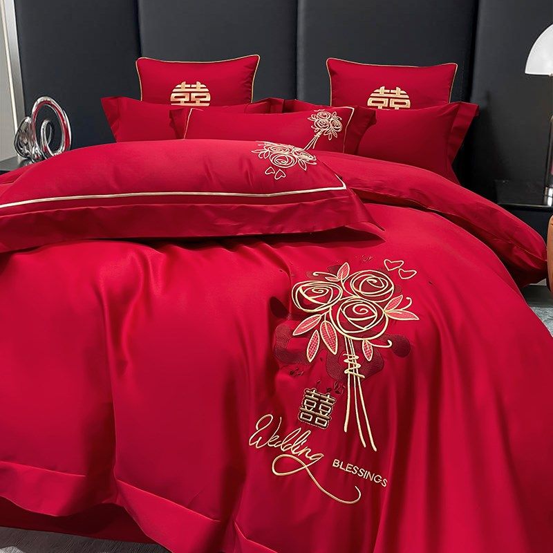 简约婚庆四件套k全棉喜被大红色刺绣被套结婚嫁礼床上用品,床上用品,婚庆床品套件,淘宝优惠券,粉丝福利购,淘宝优惠卷