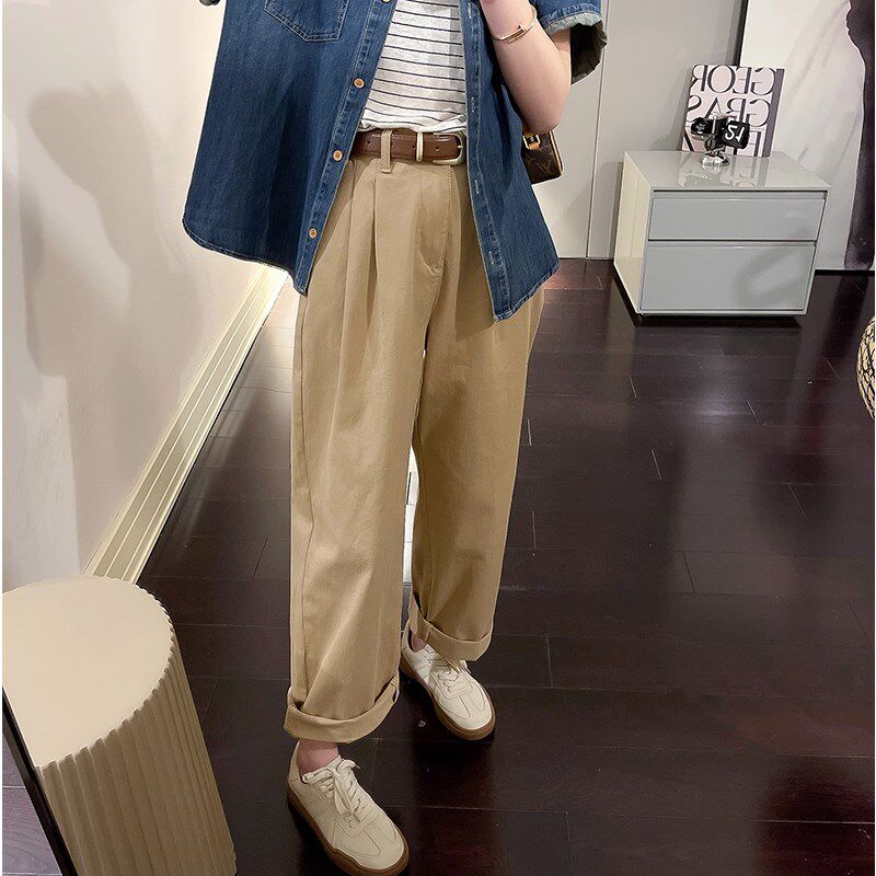 小矮个子日e系直筒工装裤女秋夏七八分梨型身材卡其色窄版阔腿裤x