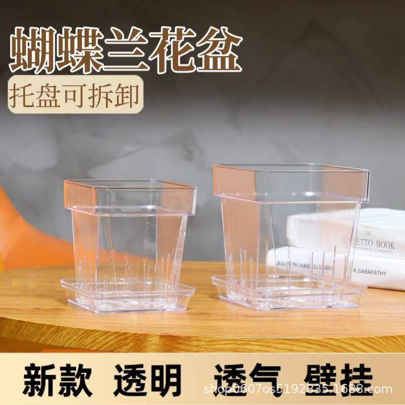 透明环保方形加厚蝴蝶兰文心兰石斛兰洋兰塑料壁挂花盆托盘可固定