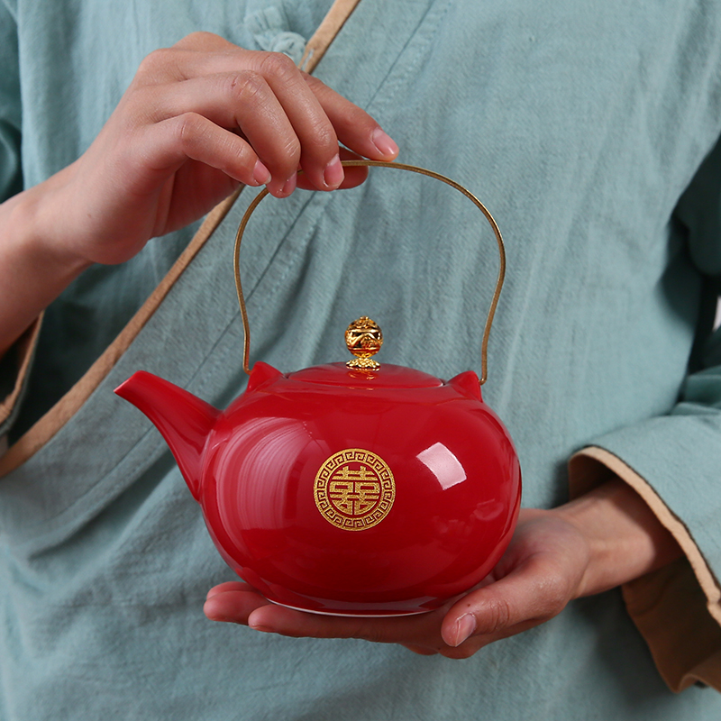 中式订婚红色新娘改口敬茶杯提梁茶壶托盘结婚庆功夫茶具套装礼盒