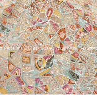 W249重工色织几何图形菱形立体亮片绣花软网纱布料服装 旗袍面料