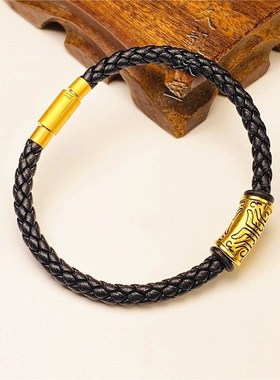 按扣粗2345毫黑皮绳手链串饕餮转运珠串黄手绳成品送隔圈编织