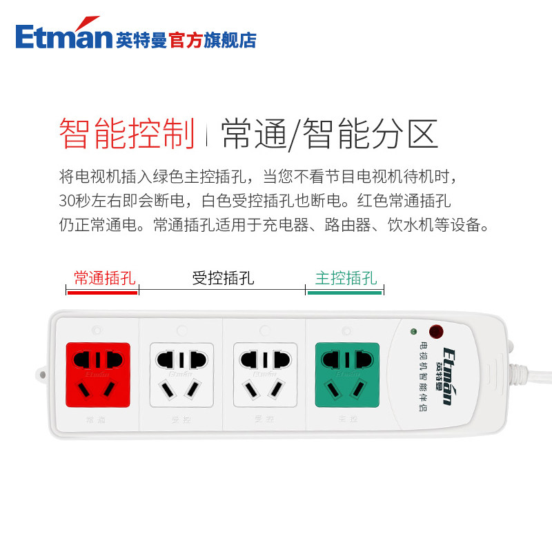 英特曼电视机专用插排智能伴侣遥控插座自动断电多孔接线板插线板