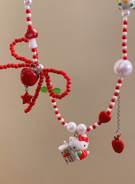可爱Kitty猫红色蝴蝶结串珠项链女高级感配饰夏季锁骨链百搭颈链