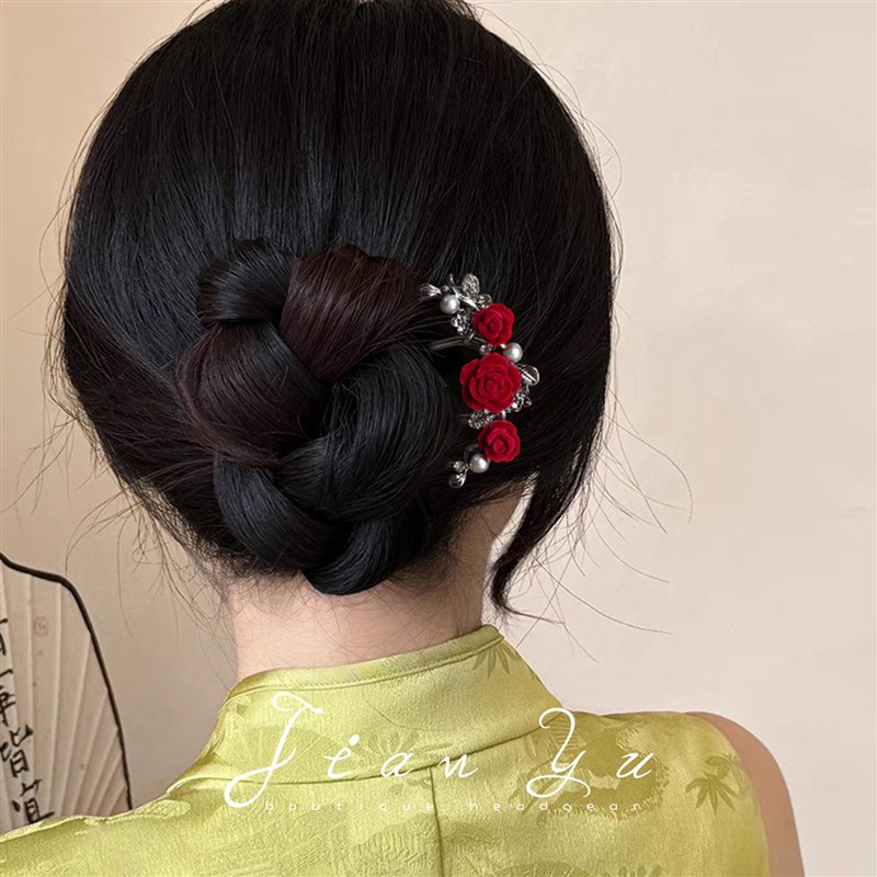 水钻气质旗袍发簪女头饰新婚红色发饰u型发簪新中式盘发衩梳发杈