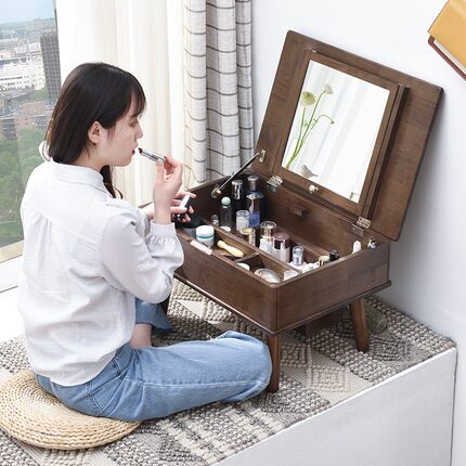 实木飘窗梳妆台卧室小户型迷你化妆桌北欧简约现代翻盖式女化妆台