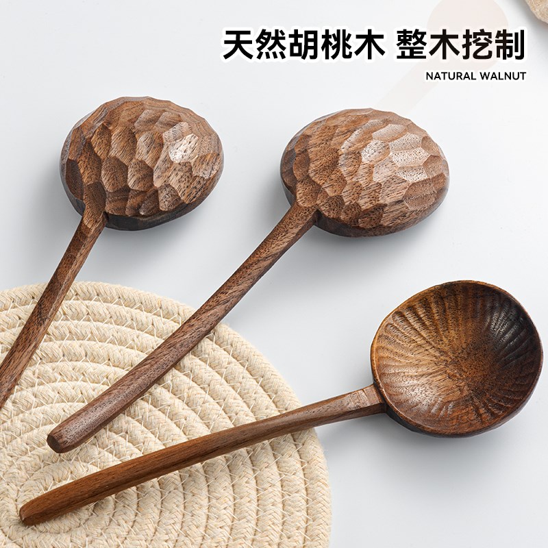 胡桃木勺子长柄龟甲勺创意吃播嗦粉勺拉面 面汤勺木头勺子吃饭用