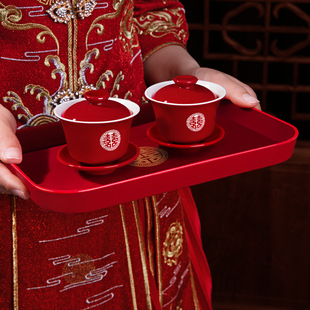 红色敬酒茶杯改口对碗红碗一对碗筷 婚礼龙凤敬茶杯结婚喜碗套装