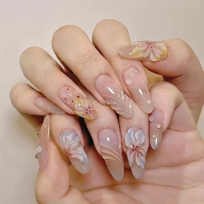 24pcs Almond Press on Nails FlBower False Nails Wearable Sti