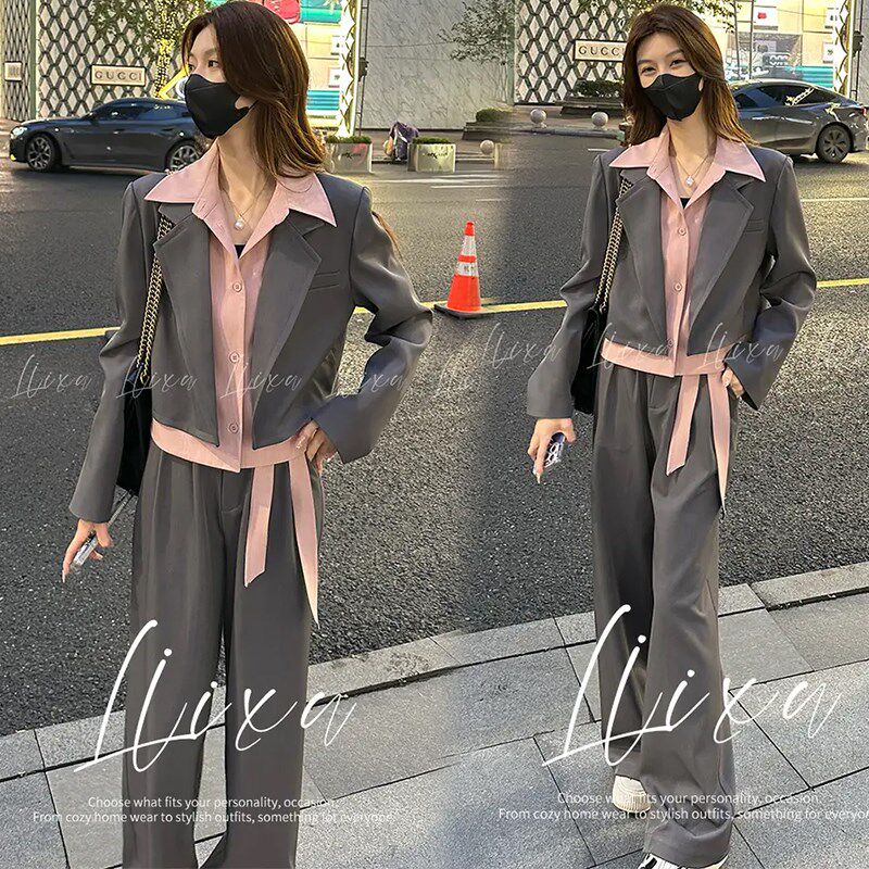 时尚套装女2025春季新款洋气减龄显瘦拼接假两件西装阔腿裤两件套