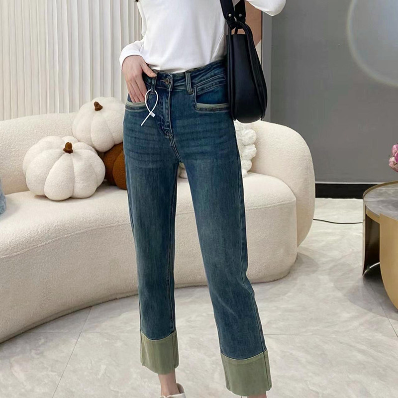 梨型身材加绒直筒牛仔裤女秋冬大码胖妹妹高腰显瘦弹力九分烟管裤