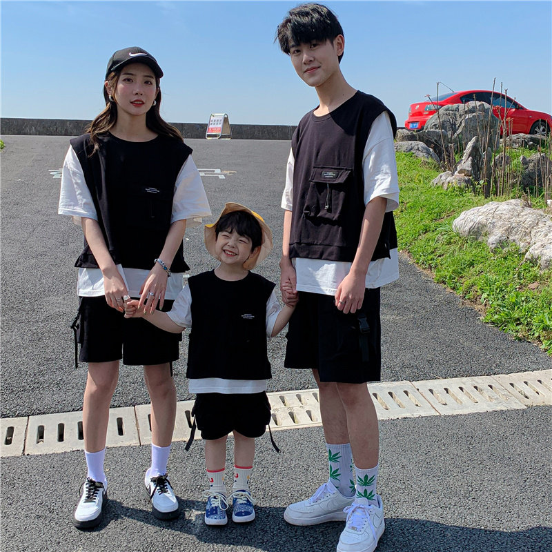 亲子装套装2023夏季韩版一家三四口母女装短袖日系工装短裤两件套