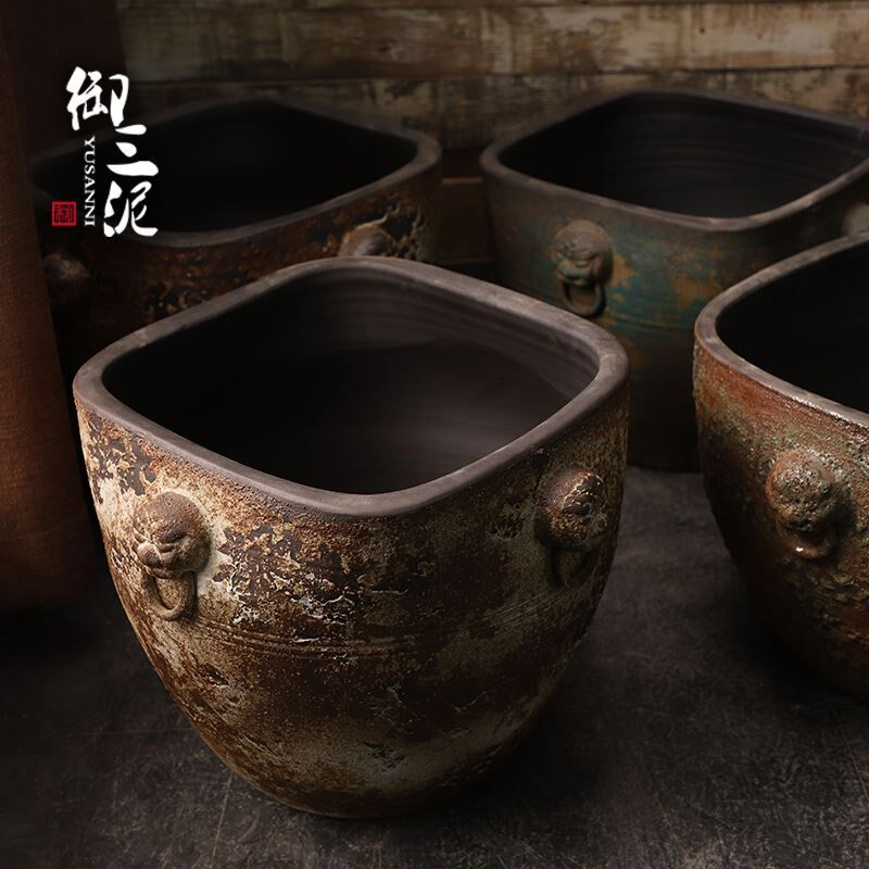 狮头陶瓷仿古大缸粗陶手工圆坛水缸大花盆鱼缸落V地摆件庭院园林