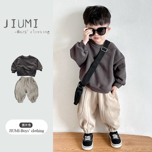 儿童冬装2024新款男童休闲加绒保暖卫衣韩版加厚小童裤子男宝套装